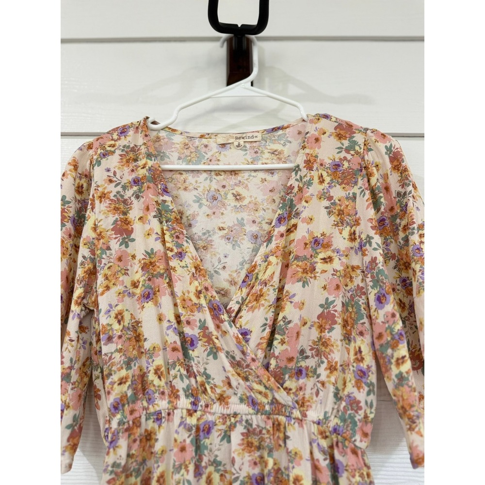 V- 48- Rewind Women Floral Faux Wrap Dress Small Cream Orange Purple